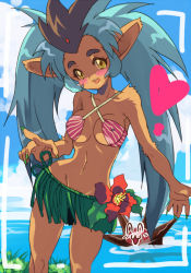 Rule 34 | 1girl, animal ears, bad id, bad pixiv id, bikini, bikini top only, blue hair, blush, brown hair, coin rand, covered erect nipples, flower, furry, furry female, grass skirt, long hair, multicolored hair, open mouth, personification, ryou-ouki, solo, swimsuit, tenchi muyou!, twintails, two-tone hair, very long hair