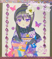 Rule 34 | 1girl, 2023, akemi homura, akemi homura (haregi ver.), argyle, argyle clothes, argyle scarf, black gloves, black hair, black hairband, black scarf, blush, closed mouth, crossed arms, floral print, flower, frown, fur-trimmed gloves, fur trim, gloves, hair flower, hair ornament, hair stick, hairband, happy new year, highres, japanese clothes, kairixmiya, kimono, long hair, long sleeves, looking at viewer, magia record: mahou shoujo madoka magica gaiden, mahou shoujo madoka magica, multicolored clothes, multicolored kimono, new year, obi, ponytail, print kimono, purple eyes, sash, scarf, signature, single sidelock, solo, traditional media, upper body, very long hair, white flower