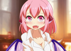 Rule 34 | 1girl, animal ears, anime coloring, bird ears, bird wings, blurry, blurry background, blush, breasts, buttons, cato (monocatienus), cleavage, collared shirt, fang, hair between eyes, large breasts, long sleeves, looking at viewer, mystia lorelei, open mouth, pink eyes, pink hair, shirt, short hair, smile, solo, touhou, upper body, white shirt, white wings, wings