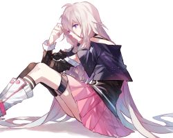 Rule 34 | 1girl, asymmetrical legwear, belt boots, blue eyes, boots, braid, closed mouth, expressionless, from side, grey hair, hair between eyes, hand up, highres, ia (vocaloid), kaneblob, knee boots, kneehighs, legs together, long hair, messy hair, mismatched legwear, off shoulder, pink skirt, pleated skirt, profile, single kneehigh, single sock, single thighhigh, sitting, skirt, socks, solo, thighhighs, uneven legwear, very long hair, vocaloid