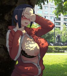 Rule 34 | 1girl, :d, black bra, blush, bra, breasts, clothes lift, covering own eyes, demi-chan wa kataritai, exhibitionism, forehead, gamerag, glasses, jacket, large breasts, long hair, nipples, one breast out, open clothes, open jacket, open mouth, public indecency, purple eyes, satou sakie, shirt lift, smile, solo, sweatdrop, track jacket, underwear