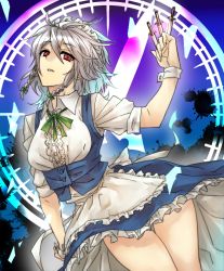 Rule 34 | 1girl, apron, between fingers, blouse, blue background, blue dress, braid, clock, danmaku, dress, frilled skirt, frills, ganagoa, hair between eyes, highres, holding, holding knife, izayoi sakuya, knife, knives between fingers, looking at viewer, maid, maid apron, maid headdress, parted lips, puffy short sleeves, puffy sleeves, red eyes, shirt, short hair, short sleeves, silver hair, skirt, solo, touhou, twin braids, waist apron, weapon, white shirt