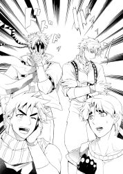 Rule 34 | 4boys, bad id, bad pixiv id, caesar anthonio zeppeli, clenched hand, dio brando, ene0, facial mark, fingerless gloves, gloves, greyscale, headband, jojo no kimyou na bouken, jojo pose, jonathan joestar, jonathan joestar&#039;s pose (jojo), joseph joestar, joseph joestar (young), male focus, monochrome, multiple boys, one eye closed, open mouth, scarf, smile, striped clothes, striped scarf, sweatdrop, winged hair ornament