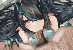 Rule 34 | 1boy, 1girl, arknights, bare shoulders, black hair, china dress, chinese clothes, cum, cum in mouth, dragon girl, dragon horns, dress, dusk (arknights), earrings, fellatio, green hair, hetero, highres, horns, jewelry, long hair, looking at viewer, multicolored hair, one eye covered, oral, penis, pointy ears, pov, pubic hair, red eyes, spread legs, suujiniku, sweat, tattoo