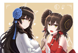 Rule 34 | 2girls, blush, breasts, brown hair, china dress, chinese clothes, closed mouth, double bun, dress, flower, girls&#039; frontline, hair bun, hair flower, hair ornament, hair ribbon, highres, holding hands, jiafei2o3, long hair, looking at viewer, medium breasts, mole, mole under eye, multiple girls, official alternate costume, open mouth, red dress, red ribbon, ribbon, simple background, small breasts, smile, type 95 (girls&#039; frontline), type 95 (narcissus) (girls&#039; frontline), type 97 (girls&#039; frontline), type 97 (peony) (girls&#039; frontline), white dress, yellow eyes
