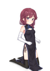 Rule 34 | 1girl, bare shoulders, black thighhighs, blush, breasts, brown eyes, brown hair, china dress, chinese clothes, covered navel, dress, elbow gloves, female focus, full body, gloves, highres, kneeling, kuramoto takato, looking at viewer, machikado mazoku, open mouth, simple background, small breasts, solo, thighhighs, white background, white gloves, yoshida ryouko