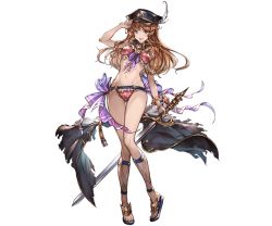 Rule 34 | 10s, 1girl, armlet, bikini, blue eyes, bracelet, braid, brown hair, collar, full body, granblue fantasy, hat, holding, holding weapon, jewelry, lecia (granblue fantasy), long hair, minaba hideo, official art, open mouth, polka dot, polka dot bikini, sandals, simple background, smile, solo, swimsuit, sword, transparent background, weapon