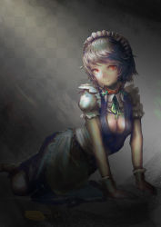 Rule 34 | 1girl, absurdres, animal collar, apron, blue dress, bow, braid, breasts, cleavage, closed mouth, collar, commentary request, dress, expressionless, full body, green bow, green ribbon, grey hair, hair bow, hakonnbo, highres, izayoi sakuya, looking at viewer, lying, maid, maid headdress, medium breasts, medium hair, neck ribbon, on side, puffy short sleeves, puffy sleeves, red eyes, ribbon, short sleeves, solo, touhou, twin braids, waist apron, white apron