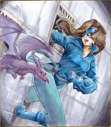 Rule 34 | 1girl, animification, aqua pants, blue footwear, blue gloves, blue mask, blue shirt, boots, breasts, brown eyes, brown hair, clenched hand, cowboy shot, dragon, eye mask, gloves, highres, intangible, kitty pryde, lockheed, long hair, long sleeves, marvel, medium breasts, open mouth, pants, popped collar, puffy long sleeves, puffy sleeves, rodrigo yoshimiya, running, shadowcat, shirt, smile, superhero costume, tile wall, tiles, wanted, wavy hair, x-men