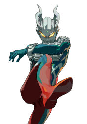 Rule 34 | 1boy, absurdres, alien, armor, bodysuit, commentary request, dahe z, glowing, glowing eyes, helmet, highres, horns, leg up, looking at viewer, male focus, pointing, pointing forward, science fiction, solo, standing, standing on one leg, ultra series, ultraman zero, ultraman zero: the revenge of belial, upper body, vambraces, white background, yellow eyes