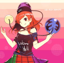 Rule 34 | 1girl, black shirt, blouse, chain, character name, choker, clothes writing, hecatia lapislazuli, looking at viewer, makuwauri, one eye closed, pink background, red eyes, red hair, shirt, short hair, skirt, solo, standing, t-shirt, tongue, tongue out, touhou