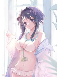 Rule 34 | 1girl, :o, absurdres, arknights, bare shoulders, bikini, blush, breasts, cleavage, collarbone, cowboy shot, feather hair, frilled bikini, frills, goggles, goggles around neck, hair between eyes, hair bun, hair intakes, highres, id card, indoors, jacket, la pluma (arknights), la pluma (summer flowers) (arknights), long sleeves, looking at viewer, medium breasts, navel, off shoulder, official alternate costume, open clothes, open jacket, parted lips, photoshop (medium), purple eyes, purple hair, short hair with long locks, sidelocks, single hair bun, single side bun, solo, stomach, swimsuit, white bikini, white jacket, wing hair ornament, yaoyuandehuanxiangting