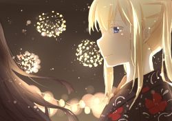 Rule 34 | 10s, 2girls, alternate costume, asakawa shinka, bad id, bad twitter id, black hair, blonde hair, blue eyes, blurry, blurry background, closed mouth, commentary, fireworks, floral print, graf zeppelin (kancolle), hair between eyes, hair over shoulder, highres, japanese clothes, kantai collection, kimono, multiple girls, night, night sky, portrait, shaded face, sidelocks, sky, smile, straight hair, twintails, yukata
