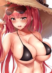 Rule 34 | 1girl, 3104 (3104milkshake), alternate costume, azur lane, bare shoulders, bikini, black bikini, black ribbon, blush, breasts, cleavage, collarbone, commentary request, eyewear on head, hair ribbon, halterneck, hat, hat ribbon, highres, holding, holding own hair, honolulu (azur lane), honolulu (summer accident?!) (azur lane), impossible clothes, large breasts, long hair, looking at viewer, nail polish, navel, open mouth, pink nails, red eyes, red hair, ribbon, shiny skin, sidelocks, simple background, skindentation, solo, stomach, straw hat, sunglasses, sweatdrop, swimsuit, tsurime, twintails, undersized clothes, upper body, white background