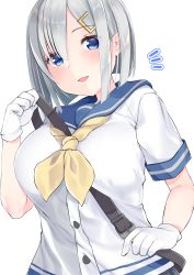 Rule 34 | 10s, 1girl, absurdres, between breasts, blue eyes, blush, breasts, buta tamako, eyes visible through hair, gloves, hair ornament, hair over one eye, hairclip, hamakaze (kancolle), highres, kantai collection, large breasts, lips, looking at viewer, open mouth, school uniform, serafuku, short hair, short sleeves, silver hair, smile, solo, strap between breasts, upper body, white gloves