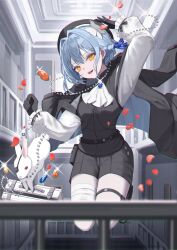 Rule 34 | 1girl, absurdres, black gloves, blue hair, braid, commentary request, eyepatch, gem, gloves, hat, highres, jewelry, kuleha s, long sleeves, necklace, original, pearl necklace, phantom thief, rabbit, shoes, shorts, solo, suitcase, tagme