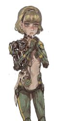 Rule 34 | 1other, androgynous, blonde hair, blue eyes, blunt bangs, bruise, bruise on face, cigarette, cyberpunk, cyborg, damaged, dirty, dirty face, expressionless, flat chest, half-closed eyes, highres, injury, joints, mechanical arms, mechanical legs, mechanical parts, mossacannibalis, mouth hold, navel, original, robot joints, serious, short hair, smoking, torn skin, wire