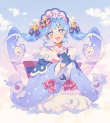 Rule 34 | 1girl, blue dress, blue eyes, blue gloves, blue hair, blue headwear, blush, bow, bowtie, cloud, commentary, crescent, crescent hair ornament, cropped torso, dress, english commentary, floating, gloves, gradient hair, hair bow, hair ornament, half gloves, hand on own chest, happy, happy tears, hatsune miku, headdress, highres, isakysaku, multicolored hair, open mouth, own hands together, pink bow, pink bowtie, pink eyes, pink hair, sky, smile, snowflake print, solo, sun hair ornament, tearing up, tears, upper body, vocaloid, wide sleeves, yuki miku, yuki miku (2023)