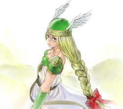 Rule 34 | 1girl, armor, blonde hair, braid, breasts, dress, female focus, gradient background, green armor, lipstick, makeup, muhamado, solo, valkyrie (vnd), valkyrie no densetsu, white background