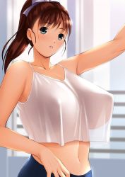 Rule 34 | 1girl, arm up, blue eyes, blue pants, blurry, blurry background, blush, bow, breasts, brown hair, camisole, collarbone, covered erect nipples, crop top, crop top overhang, dragon@harry, duplicate, hair bow, hair tie, hand up, high ponytail, huge breasts, looking at viewer, medium hair, midriff, navel, no bra, original, outstretched arm, pants, parted lips, perky breasts, photoshop (medium), ponytail, see-through, see-through silhouette, shirt, solo, upper body, white bow, white camisole, white shirt