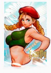 Rule 34 | 1girl, adapted costume, antenna hair, beret, blonde hair, blue eyes, border, braid, breasts, cammy white, capcom, character name, commentary, commission, cropped torso, english commentary, facial scar, green sports bra, hat, highres, hymin, impossible clothes, large breasts, long hair, looking to the side, navel, pointy breasts, red eyes, scar, scar on cheek, scar on face, sleeveless, solo, sports bra, street fighter, toned, twin braids, upper body, white border
