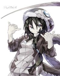 Rule 34 | &gt;:), 1girl, animal hood, animal print, black hair, black mamba (kemono friends), bow, bowtie, closed mouth, gorilla (bun0615), green eyes, hair between eyes, hands up, highres, hood, hooded jacket, jacket, kemono friends, long hair, long tail, looking at viewer, low ponytail, muted color, pinky out, pleated skirt, print hood, print jacket, shaka sign, side ponytail, simple background, skirt, smile, snake hood, snake print, snake tail, solo, tail, upper body, v-shaped eyebrows, very long hair, white background