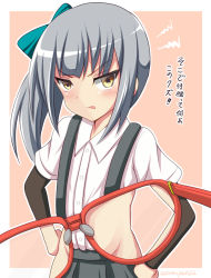 Rule 34 | 10s, 1girl, arm warmers, blush, dress shirt, grey hair, groin, hair ribbon, hands on own hips, highres, kantai collection, kasumi (kancolle), navel, open mouth, red-framed eyewear, revealing layer, ribbon, scowl, shirt, side ponytail, skirt, solo, suspenders, tamayan, translation request, tsurime, x-ray, x-ray glasses, x-ray vision, yellow eyes