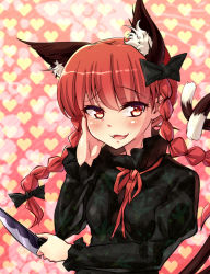 Rule 34 | 1girl, animal ear fluff, animal ears, blush, bow, braid, cat ears, dress, extra ears, fang, hair bow, heart, heart background, highres, holding, holding knife, kaenbyou rin, knife, long hair, long sleeves, looking at viewer, multiple tails, nekomata, open mouth, red eyes, red hair, smile, solo, tail, touhou, twin braids, twintails, volcano (liao)