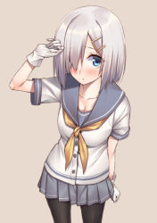 Rule 34 | 10s, 1girl, arm up, black pantyhose, blue eyes, blush, breasts, collarbone, female focus, gloves, hair ornament, hair over one eye, hairclip, hamakaze (kancolle), highres, kantai collection, large breasts, looking at viewer, mikazuchi zeus, pantyhose, pleated skirt, school uniform, serafuku, short hair, short sleeves, silver hair, simple background, skirt, solo, underwear, white gloves