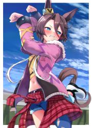 Rule 34 | 1girl, animal ears, arms up, asymmetrical clothes, blue eyes, blue sky, blush, breasts, brown hair, clenched hands, clenched teeth, clothes around waist, cloud, commentary request, cutoffs, day, denim, drawstring, ear ornament, fur-trimmed jacket, fur trim, groin, hair between eyes, highres, horse ears, horse girl, horse pose, horse tail, horseshoe ornament, jacket, jacket around waist, jeans, long sleeves, looking away, midriff, narita taishin (umamusume), navel, open clothes, open jacket, pants, pink jacket, plaid, red jacket, shirt, short hair, sidelocks, signature, single pantsleg, sky, small breasts, solo, standing, standing on one leg, tail, teeth, tied shirt, torn clothes, torn pants, touya kotonari, umamusume, white footwear, yellow shirt, zipper