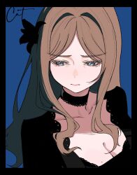 1girl bang_dream! bang_dream!_it&#039;s_mygo!!!!! black_border black_choker black_flower blue_background blue_eyes border breasts brown_hair chinese_commentary choker cleavage closed_mouth commentary_request flower furrowed_brow hair_flower hair_ornament highres huaxue_maomi lace lace_choker long_hair looking_down looking_to_the_side mole mole_on_breast mole_under_eye nagasaki_soyo pink_lips sidelocks signature solo upper_body