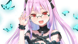 Rule 34 | 1girl, adjusting eyewear, alternate costume, alternate hair color, alternate hair length, alternate hairstyle, bespectacled, bow, breasts, bug, butterfly, dress, earrings, fang, glasses, hair bow, haniwa (leaf garden), highres, hololive, insect, jewelry, long hair, nail polish, open mouth, pink nails, skull, small breasts, smile, solo, upper body, uruha rushia, uruha rushia (3rd costume), virtual youtuber, wrist cuffs