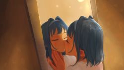 Rule 34 | blue hair, blue hairband, chan1moon, closed eyes, crying, game cg, hair intakes, hairband, hand on mirror, hololive, hololive english, mirror, object kiss, ouro kronii, reflection, short hair, virtual youtuber