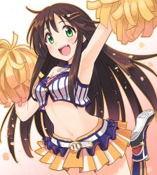 Rule 34 | 1girl, :d, arm up, armpits, bare shoulders, belt, blue choker, breasts, brown hair, cat hair ornament, cheerleader, choker, cleavage, colored skin, commentary request, crop top, cropped shirt, gradient background, green eyes, hair ornament, hairclip, hand up, himekawa yuki, holding, holding pom poms, idolmaster, idolmaster cinderella girls, idolmaster cinderella girls starlight stage, jewelry, leg up, long hair, looking at viewer, medium breasts, midriff, multicolored skin, navel, necklace, open mouth, pendant choker, pink background, pleated skirt, pom pom (cheerleading), pom poms, shirt, shoe soles, shoes, signature, skirt, sleeveless, sleeveless shirt, smile, smirs, solo, standing, standing on one leg, teeth, two-tone skin, two-tone socks, upper teeth only, white belt, white shirt