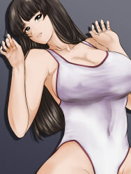Rule 34 | 1girl, blunt bangs, breasts, covered erect nipples, girls und panzer, grey background, highres, large breasts, long hair, mature female, nipples, nishizumi shiho, one-piece swimsuit, paid reward available, simple background, swimsuit, white one-piece swimsuit, yoyokkun