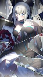Rule 34 | 1girl, baobhan sith (fate), bare shoulders, black bow, black dress, blue choker, blue eyes, blush, bow, braid, broken, broken glass, broken mirror, center opening, choker, clothing cutout, dress, elbow gloves, fate/grand order, fate (series), french braid, glass, gloves, grey hair, hair bow, highres, long hair, looking at viewer, mirror, mishiro (ixtlolton), morgan le fay (fate), multiple braids, ponytail, reflection, solo, stomach cutout, stuffed toy, two-tone dress