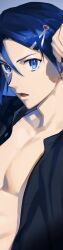 Rule 34 | 1boy, bare pectorals, black shirt, blue background, blue eyes, collarbone, hair ornament, hairclip, hayate immelmann, highres, leaning back, looking at viewer, macross, macross delta, male focus, mosako, open clothes, open shirt, parted lips, pectoral cleavage, pectorals, shirt, solo