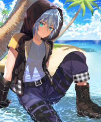 Rule 34 | 1boy, beach, belt, black belt, black footwear, black gloves, black jacket, blue eyes, blue pants, blue sky, closed mouth, cloud, cloudy sky, commentary request, fingerless gloves, gloves, highres, hood, hood up, jacket, kingdom hearts, kingdom hearts iii, looking at viewer, ocean, open clothes, open jacket, osippo, outdoors, palm tree, pants, riku (kingdom hearts), shirt, short sleeves, sitting, sky, smile, solo, spiked hair, tree, white shirt, zipper