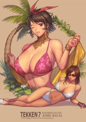 Rule 34 | 2girls, anklet, arm support, bare shoulders, bikini, breasts, brown eyes, brown hair, character name, choker, collarbone, commentary request, copyright name, earrings, glasses, gloves, hairband, hands up, ibanen, jewelry, josie rizal, katarina alves, lying, multiple girls, namco, navel, on side, one eye closed, pendant, pink bikini, platform footwear, red-tinted eyewear, red-tinted glasses, sash, shoes, sunglasses, swimsuit, tekken, tekken 7, tinted eyewear, tree, white bikini, wristband