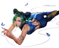 Rule 34 | 1girl, armlet, bare arms, bare shoulders, belt, birthmark, braid, braided bun, bug, butterfly, chinese commentary, closed mouth, commentary request, cone hair bun, double bun, eyebrows hidden by hair, full body, green eyes, green lips, green nails, hair bun, hand on own arm, highres, insect, joestar birthmark, jojo no kimyou na bouken, kdash, kuujou jolyne, light smile, lipstick, looking at viewer, lying, makeup, multicolored hair, multiple braids, nail polish, pants, simple background, solo, stone ocean, string, string around finger, watermark, white background