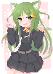 Rule 34 | 1girl, animal ears, bell, black skirt, blush, cat ears, cat tail, collar, frozenpile, green eyes, green hair, highres, jewelry, kantai collection, kemonomimi mode, long hair, long sleeves, looking at viewer, nagatsuki (kancolle), neck bell, necktie, open mouth, paw pose, ring, skirt, smile, solo, tail, white necktie
