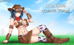 Rule 34 | 1girl, abs, alternate costume, animal print, blue eyes, boots, breasts, byleth (female) (fire emblem), byleth (fire emblem), cow print, cowboy hat, cowboy western, fire emblem, fire emblem: three houses, gun, hat, highres, large breasts, looking at viewer, medium hair, muscular, muscular female, nintendo, one eye closed, patdarux, sideboob, sitting, smile, solo, thank you, underboob, weapon
