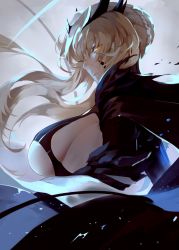 Rule 34 | 1girl, absurdres, artoria pendragon (fate), artoria pendragon (lancer alter) (fate), bad id, bad pixiv id, blonde hair, braid, breasts, closed mouth, commentary request, covered erect nipples, fate/grand order, fate (series), from side, highres, huge breasts, lips, long hair, looking back, reroi, revision, sideboob, solo, underboob, wind, yellow eyes
