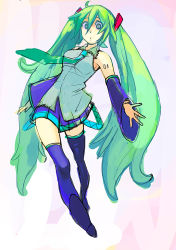 Rule 34 | bad id, bad pixiv id, detached sleeves, green hair, hatsune miku, kitayama, long hair, necktie, solo, thighhighs, twintails, vocaloid