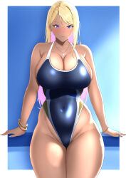 Rule 34 | 1girl, bare shoulders, blonde hair, blue eyes, border, bracelet, braid, breasts, cleavage, competition swimsuit, covered navel, highleg, highleg swimsuit, highres, jewelry, large breasts, long hair, looking at viewer, nail polish, necklace, one-piece swimsuit, original, parted bangs, ranhatu, side braid, solo, standing, swimsuit, white border
