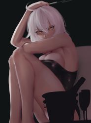 Rule 34 | 1girl, absurdres, ahoge, alcohol, bad id, bad pixiv id, black background, black dress, bottle, breasts, bucket, cigarette, couch, dress, eyebrows, fate/grand order, fate (series), highres, jeanne d&#039;arc (fate), jeanne d&#039;arc alter (avenger) (fate), jeanne d&#039;arc alter (fate), legs together, looking at viewer, medium breasts, medium hair, smoke, smoke trail, white hair, wine, wine bottle, yellow eyes, zaki (zaki btw)