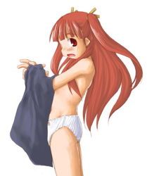 Rule 34 | 00s, 1girl, :o, anya cocolova, blush, child, flat chest, hair ribbon, kasuga yukihito, long hair, mahou sensei negima!, open mouth, panties, red eyes, red hair, ribbon, simple background, solo, topless, twintails, underwear, undressing, very long hair, white panties