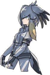 Rule 34 | &gt;:|, 10s, 1girl, :|, belt, bird girl, bird tail, bird wings, black gloves, bodystocking, closed mouth, cowboy shot, cropped legs, expressionless, eyelashes, fingerless gloves, from side, gloves, green eyes, grey belt, grey hair, grey necktie, hair between eyes, hair ornament, head wings, highres, kemono friends, long hair, looking away, low ponytail, multicolored hair, necktie, orange hair, profile, ritsu (roboroboro), sanpaku, shoebill (kemono friends), short jumpsuit, short sleeves, side ponytail, simple background, solo, tail, tsurime, two-tone hair, unitard, v-shaped eyebrows, white background, wing collar, wings