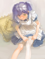 Rule 34 | 1girl, adjusting clothes, adjusting legwear, apron, blue dress, closed mouth, cushion, dress, frilled apron, frilled pillow, frills, green eyes, highres, long hair, maid, original, pillow, puffy short sleeves, puffy sleeves, purple hair, short sleeves, single thighhigh, sitting, solo, thighhighs, twintails, yk (tnkau)