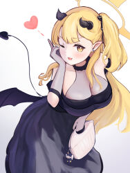 Rule 34 | 1girl, aged up, alternate breast size, bag, black dress, black gloves, black horns, black tail, black wings, blonde hair, blue archive, blush, breasts, cleavage, demon horns, demon tail, demon wings, dress, gloves, gradient background, halo, heart, highres, holding, holding bag, horns, ibuki (blue archive), ibuki (dress) (blue archive), large breasts, long hair, looking at viewer, official alternate costume, one eye closed, open mouth, peroro (blue archive), pointy ears, ryh4, sheer gloves, side ponytail, smile, solo, tail, wings, yellow eyes, yellow halo